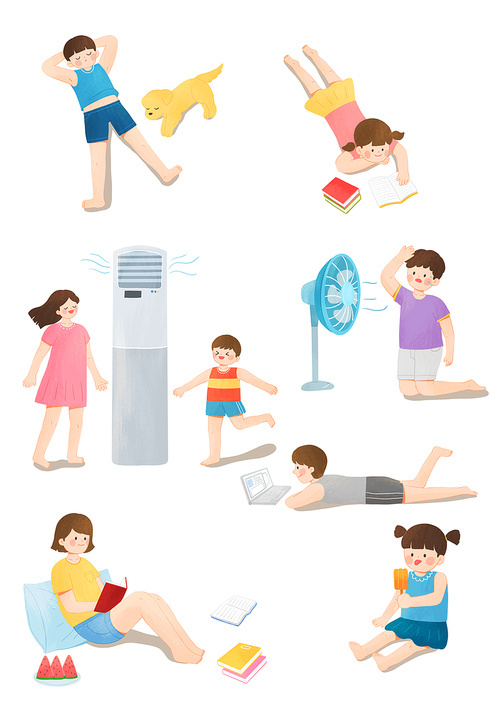 Illustrations of everyday scenes of people in the summer heat