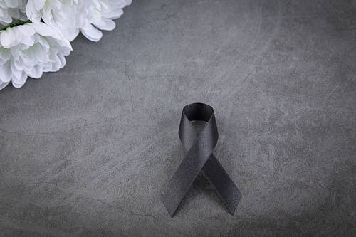 Ribbon - white chrysanthemum and black ribbon lying on a dark background