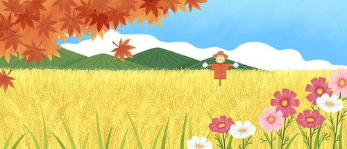 Autumn landscape illustration with maple and cosmos