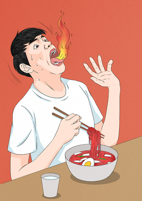 Image illustration of one man eating spicy Bulnaengmyeon in Korean traditional summer