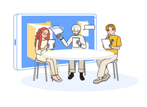 Vector image illustration of a scene where online characters meet and have a meeting in a virtual conference room