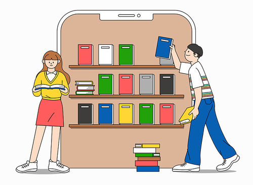 Mobile world vector image illustration picking and reading a book on mobile