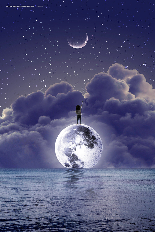 Purple night sky, moon and children