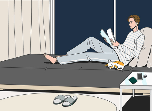 Middle-aged man_ Vector image illustration of a relaxed man lying in bed and doing business with a cat