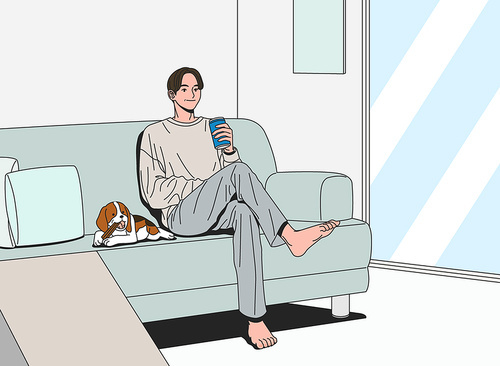 Middle-aged man _ Vector image illustration of a man sitting on the sofa after work and relaxing with his dog