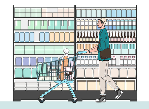 Middle-aged man _ A man who lives alone A scene vector image illustration of a man who puts things in a cart at a supermarket