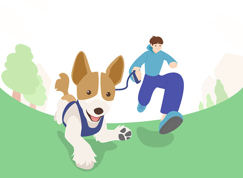 Vector image illustration of pets and dog owners taking a walk in the park