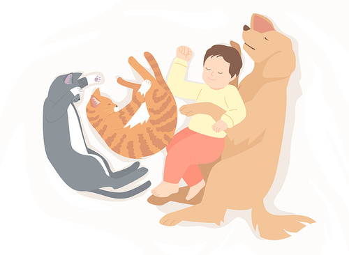 A child taking a nap with a pet vector image illustration