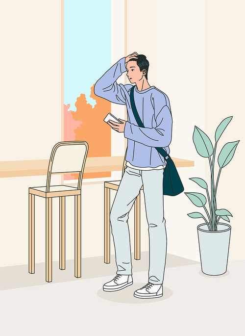 Vector image illustration of a young man waiting at the meeting place cafe