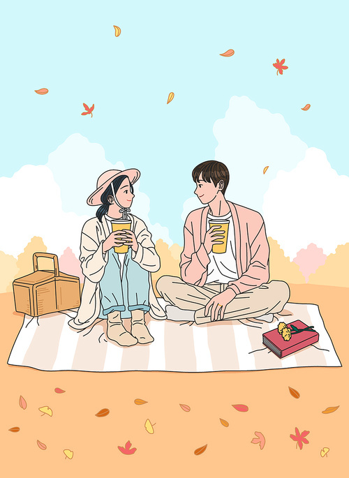 Lovers looking at each other on an autumn picnic vector image illustration