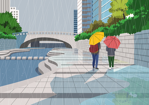 Landscape image illustration with people under umbrellas in the city stream rain