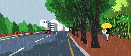 Image illustration of a landscape where lovers with umbrellas are passing by on a tree-lined road next to a rainy road