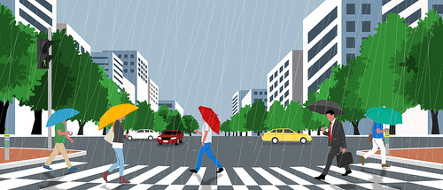 Image illustration of a scene where people cross a crosswalk with umbrellas on a rainy city street