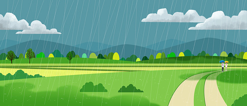 Illustration of a landscape image with people with umbrellas on a quiet country road in the rain