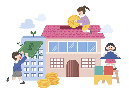 Children's vector image illustration for information related to building house subscription savings