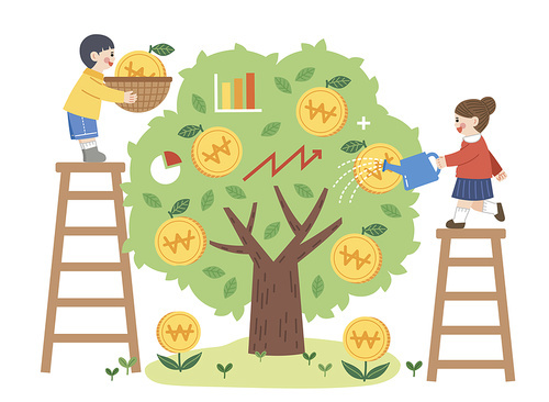 Children pouring coins into the financial tree vector image illustration