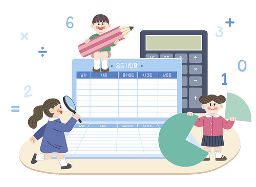 Vector image illustration with pocket money entry and calculator and children