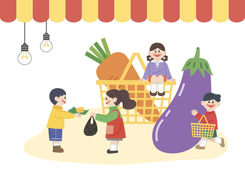 A scene where children play economic activities buying and selling with pocket money in a play store vector image illustration