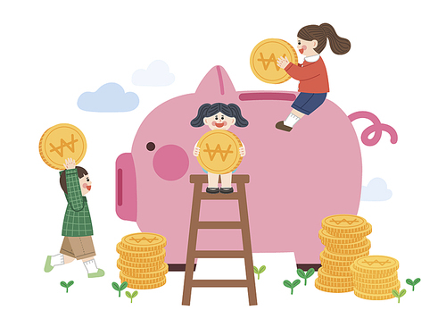 Vector image illustration of children saving money in piggy bank