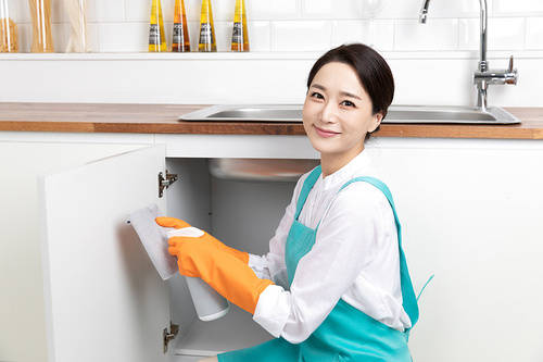 A scene image of a woman wearing an apron wearing rubber gloves and cleaning the kitchen