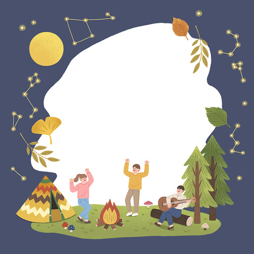 Image illustration of boys and girls going camping and singing, dancing and playing guitar over a campfire