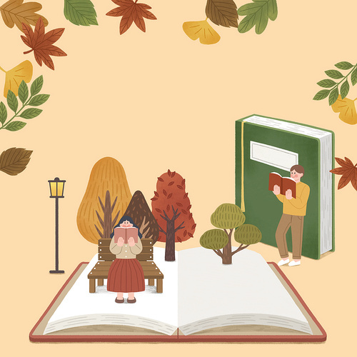 Image illustration of a woman reading while sitting on a chair in autumn A man leaning on a book and reading