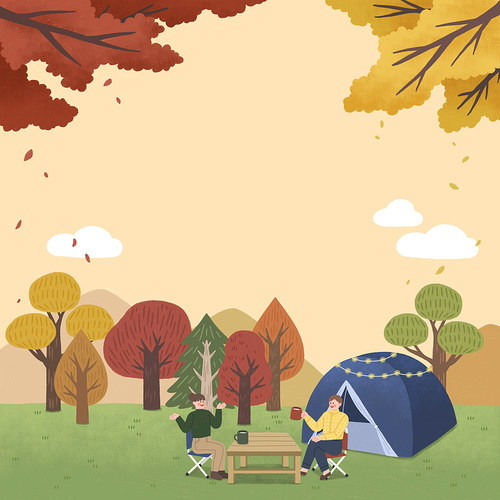 Image illustration of two women drinking tea and talking happily while camping in the autumn forest