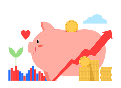 Vector image illustration of piggy bank and stock chart graph and coin money stacked