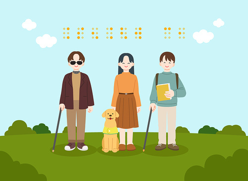 Vector image illustration of a blind man and woman holding guide dogs and braille books