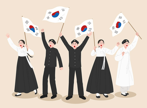 Vector image illustration of male and female students holding Taegeukgi and going out into the street to hurrah