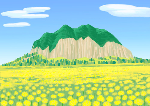 Illustration of a landscape image with a rape field with a view of Mt. Sanbang