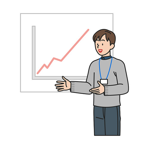Male employee vector image illustration explaining the screen on which the graph is drawn