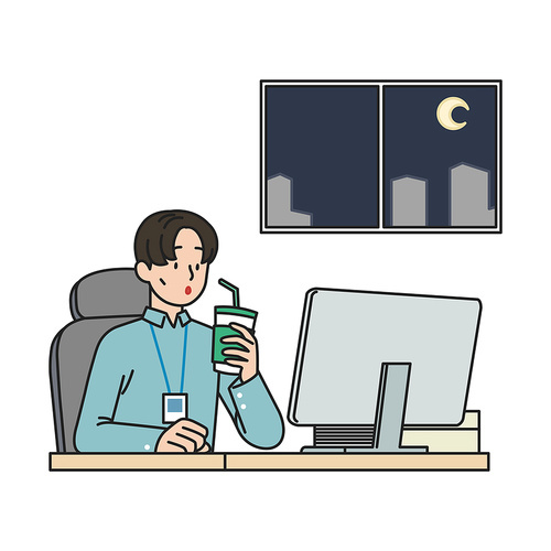 Vector image illustration of a person who works overtime while drinking coffee late in the evening