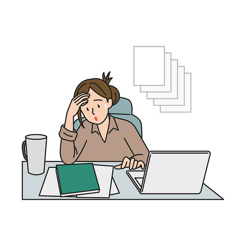 Vector image illustration of a person who is busy with overdue work and documents