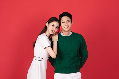 Christmas shopping event concept photo image of woman leaning on man's shoulder
