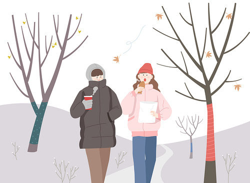 Vector image illustration of people walking while eating coffee and bungeoppang on a winter park promenade
