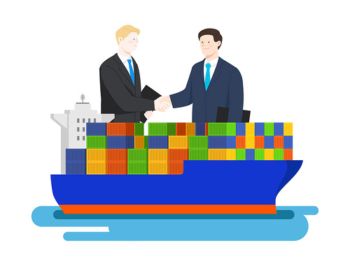 Vector image illustration of a container cargo ship and two men holding contracts, smiling and shaking hands