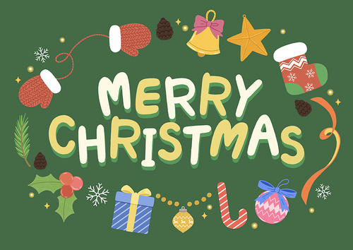 Illustration with Christmas objects with Merry Christmas handwritten phrase