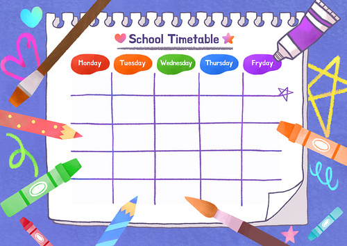 Children's timetable illustration with paint and coloring tools concept