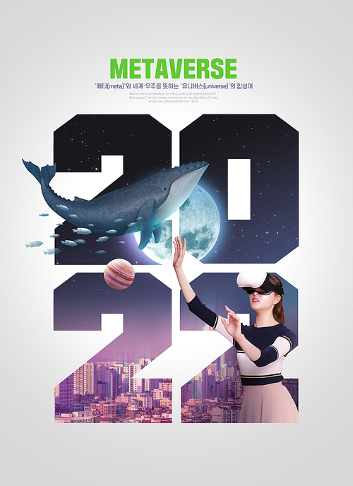 Metaverse issue poster featuring a woman wearing VR and trying to touch a whale