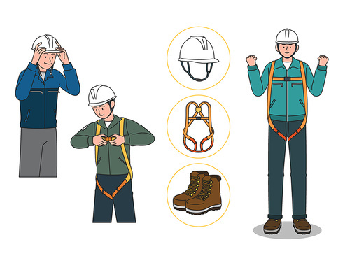 Occupational safety_protective equipment, safety belt, shoes wearing vector illustration