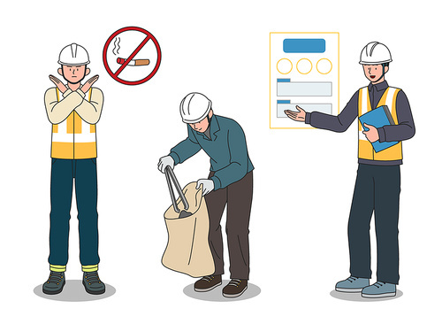 Occupational safety _ Smoking ban, tidy up, learn safety rules, vector illustration