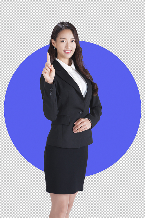 A female model in a new employee themed suit, Nuki PNG