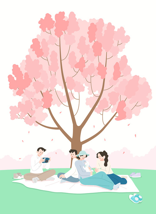 Environment and Family_Family resting under a cherry tree vector illustration
