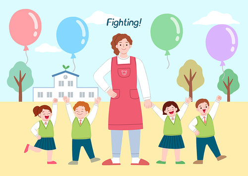 Fighting Korea_Illustration of a kindergarten teacher holding hands with children