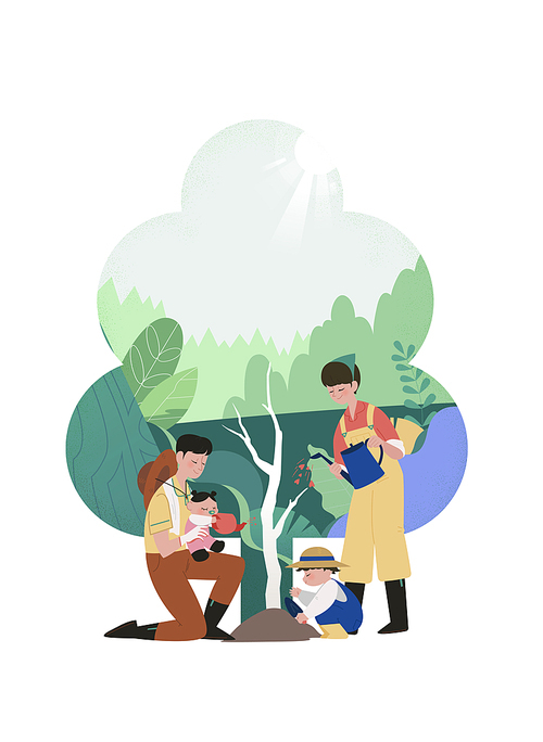 The importance of the environment _ Vector illustration of a family planting a tree and giving love