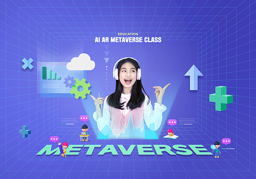 AI learning poster with children learning with characters in virtual space