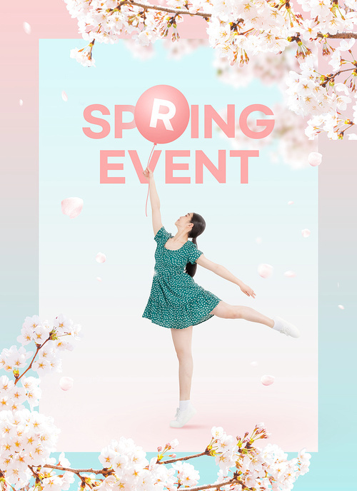 Spring Event_ Graphic composite image of a woman dancing among cherry blossoms