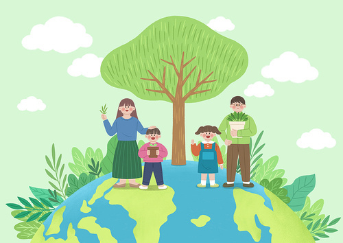 Environment and family_Earth, tree and family illustration