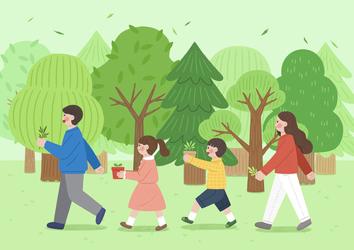 Environment and Family_ Illustration of a Family Going for a Walk with Flower Pots